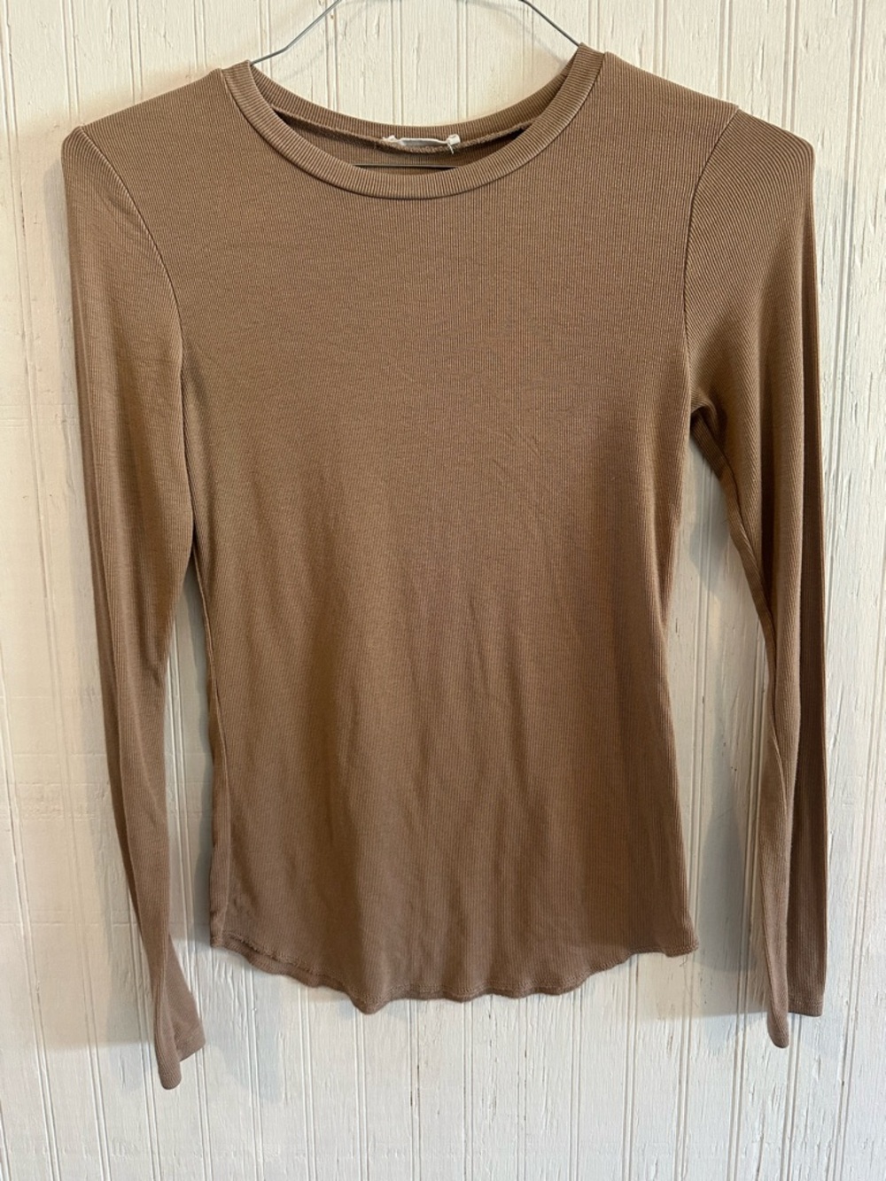 Long Sleeve Cotton-Blend Crewneck Top in Taupe